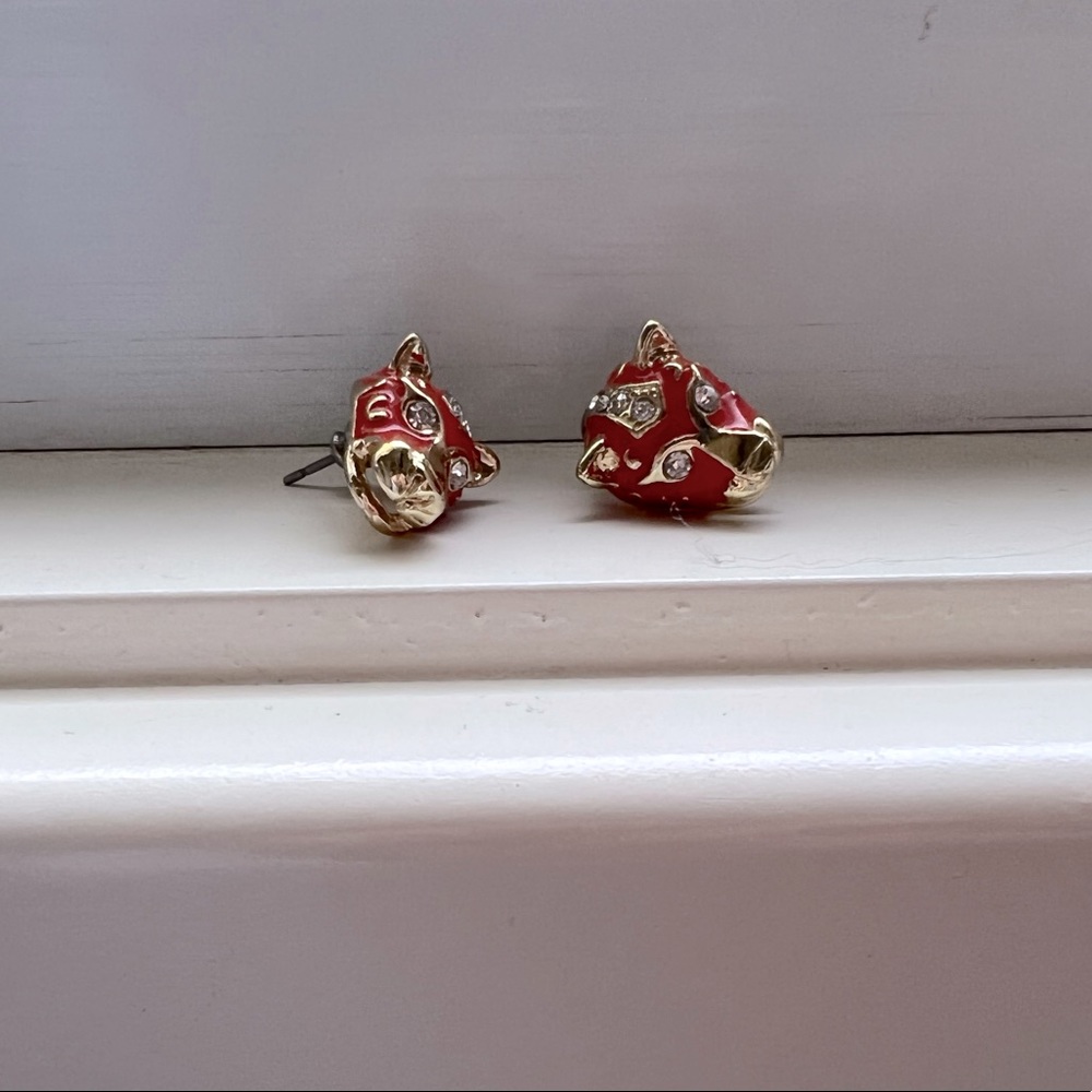 Vintage Tiger Charm Orange Gold Enameled Statement Earrings